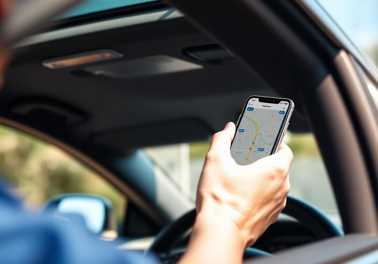 Driver checking tracking app on iPhone
